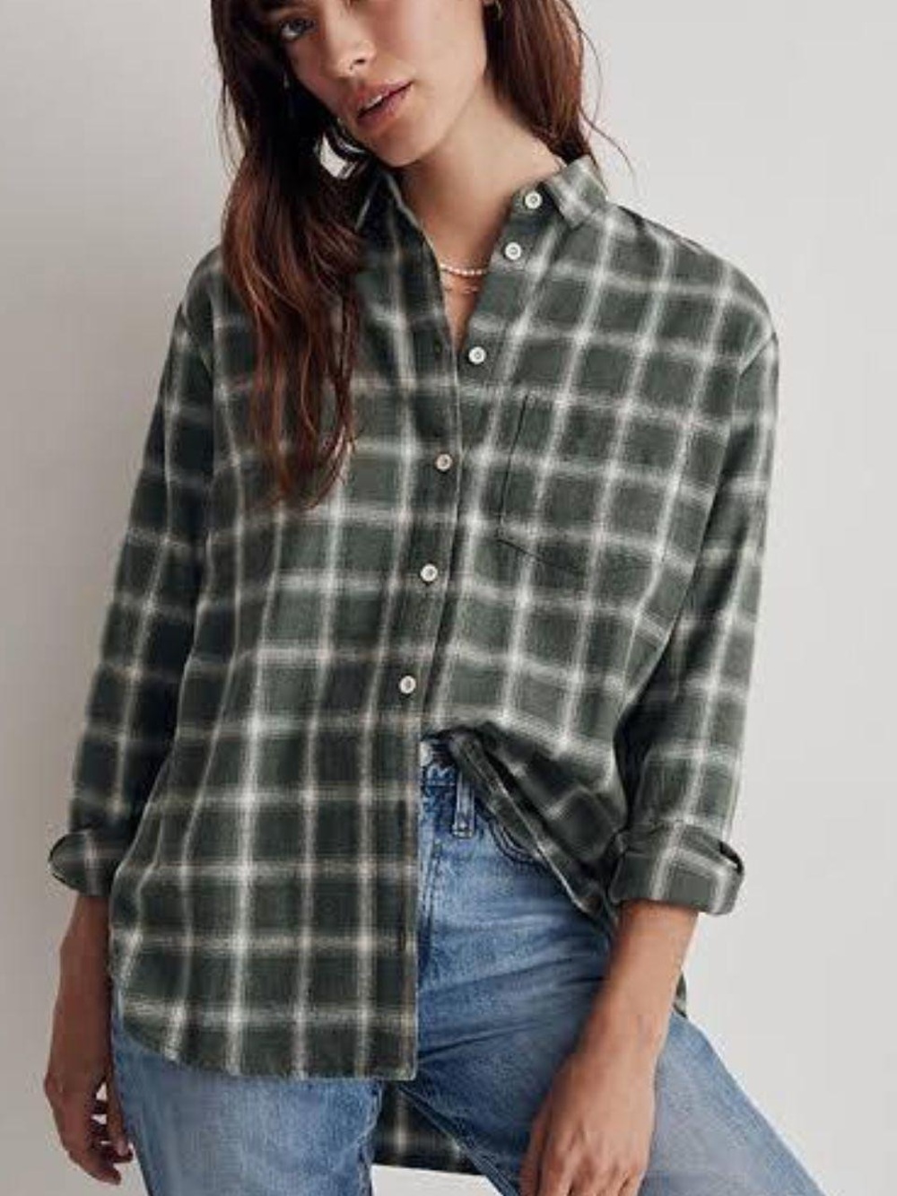 Madewell Woman’s Button-Down Long Sleeve Flannel Shirt Green and White